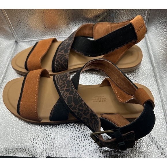TOMS Women's SIDNEY Sandals Tan Black Leather Leopard Print Gladiator Sz 7.5 - Picture 2 of 6